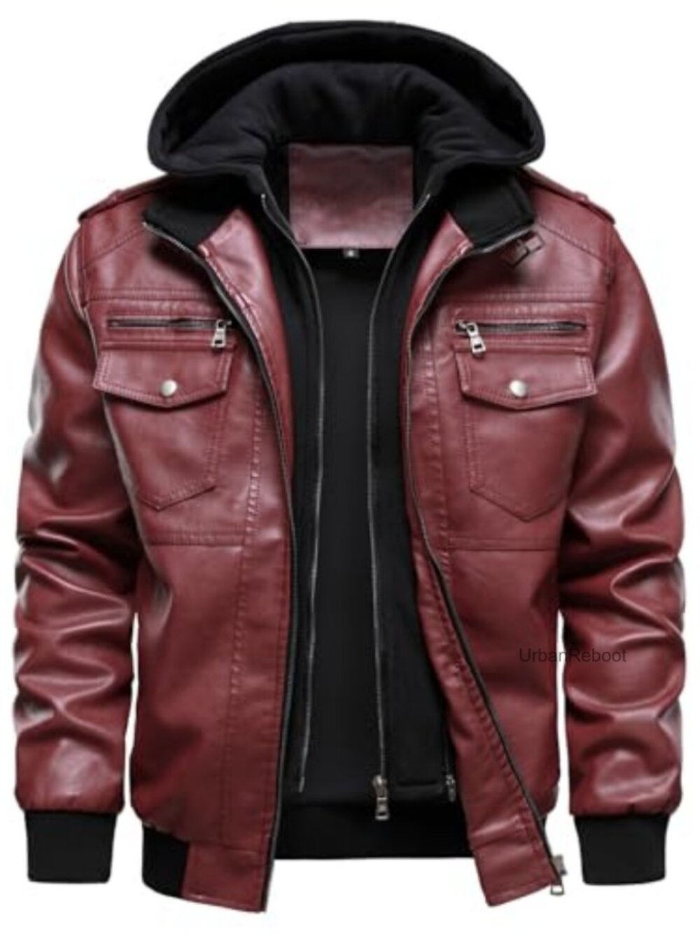 Faux Leather Motorcycle Jacket Hooded Water Wind Resistant